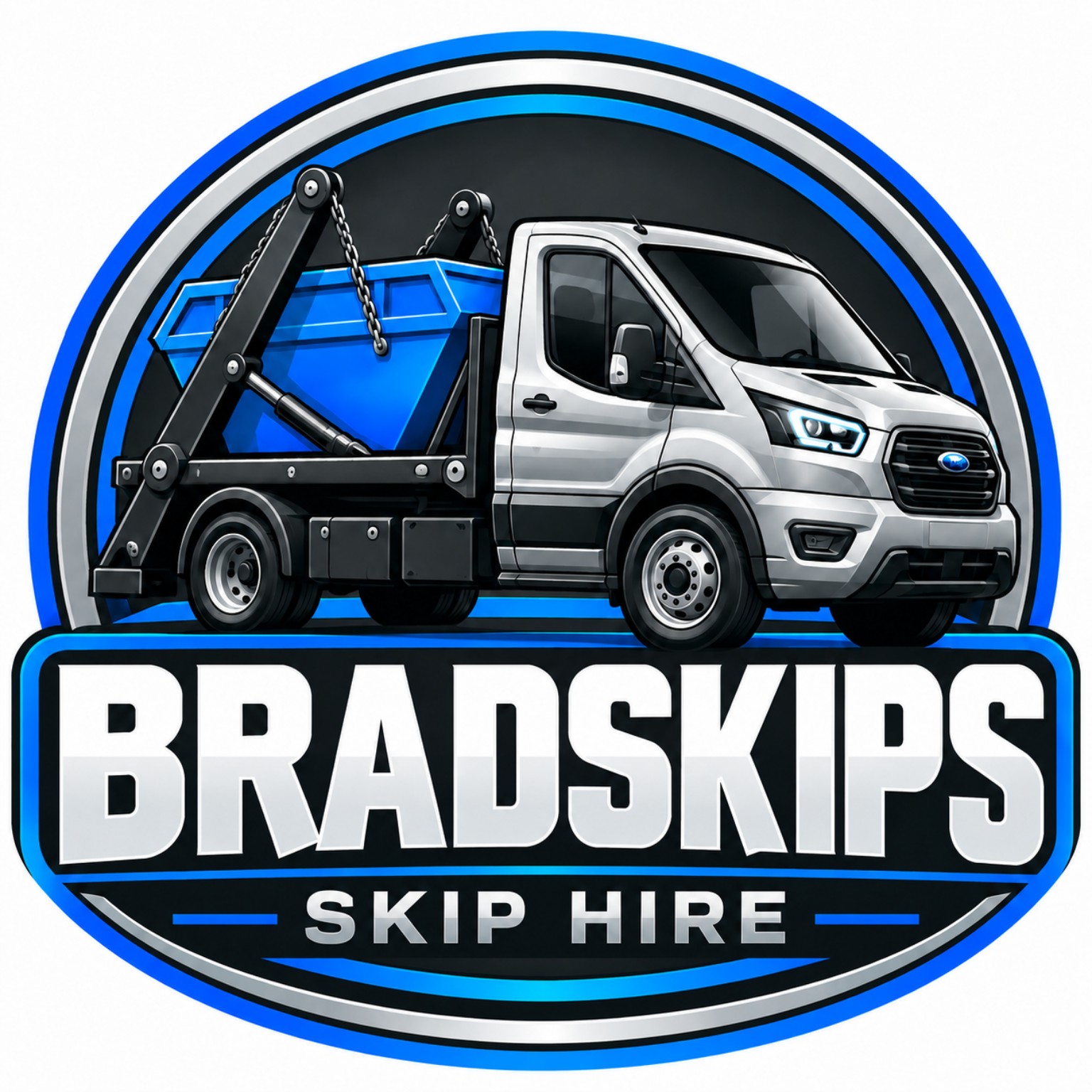 BradSkips blue and silver skip truck logo